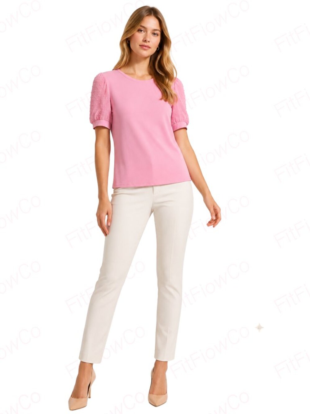 CeCe Petite XS Pink Swiss Dot Puff Sleeve Mixed Media Top